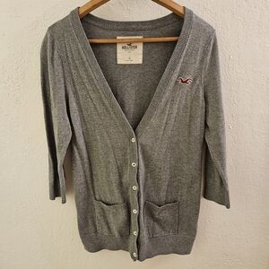 Hollister Women's Gray V-Neck Button-Up Cardigan 3/4 Sleeve Size L Y2K
